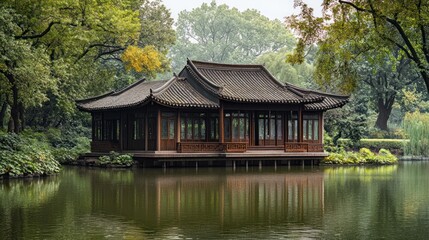 Obraz premium Serene Pavilion, Misty Garden, China, Calm Waters, Tranquility