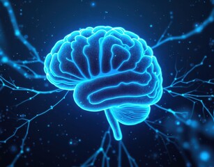 Obraz premium Abstract neural pathways forming a glowing digital brain in deep blue tones Generative AI