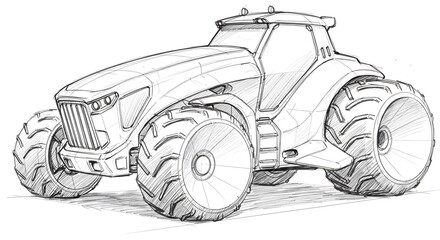 Fototapeta premium Drawing of Future Tractor Vehicle on White Background With Detailed Sketch