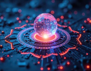 Glowing AI circuits spiraling around an abstract crystal mind core Generative AI