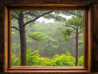 Misty Forest View Through Wooden Frame