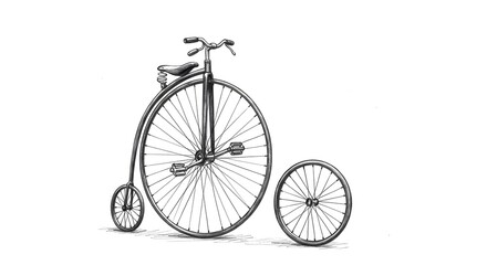 Fototapeta premium Vintage Penny Farthing Bicycle and Spare Wheel Illustration on White