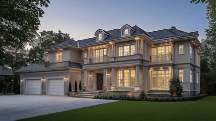 Obraz premium A large, light beige and gray, two-story house with light beige siding, white trim, and a light brown tan stone foundation 
