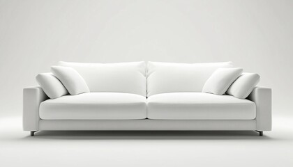Fototapeta premium Contemporary White Fabric Sofa In Front View On White Background - Minimalist Design With Clean Lines For Modern Interiors.