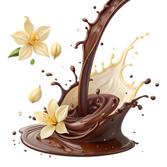 Chocolate and Vanilla Liquid Splash with Flowers - Transparent Background