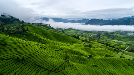 Fototapeta premium Lush Green Terraced Rice Fields Amidst Foggy Mountainscape