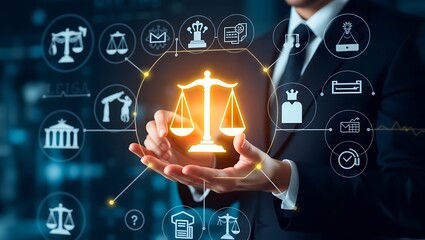 Legal Technology and Digital Justice Concept, Businessman Touching Virtual Legal Interface, Law and Technology Innovation in the Legal Industry
