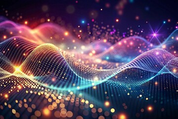 Dynamic digital wave with glowing dots and defocused particles, ideal for futuristic tech backgrounds