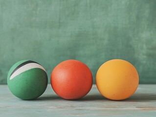 Colorful sports balls arranged on a wooden surface with a textured background.