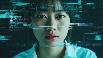 The image features an Asian woman with a computerized graphical overlay that highlights her digital integration. The graphics are intricate, suggesting advanced technology and cybernetics.