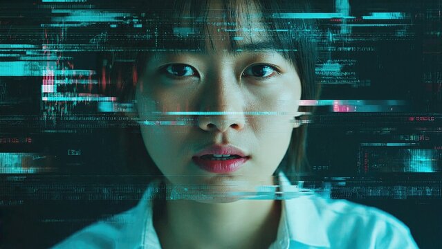The image features an Asian woman with a computerized graphical overlay that highlights her digital integration. The graphics are intricate, suggesting advanced technology and cybernetics.