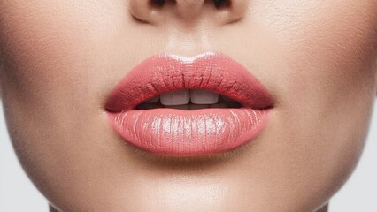 Fototapeta premium Beautiful lips with pink lipstick on woman's mouth.