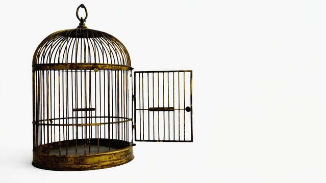 A vintage caged bird enclosure, showing signs of age and weathering. This antique metal piece adds a touch of nostalgia to any space.