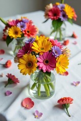 Fototapeta premium Colorful mixed flower decoration on white tablecloth, decor, arrangement
