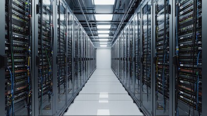 A large room with many computer servers. The servers are connected to each other and to the wall. The room is very large and has a very industrial feel