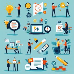 Basic office concept illustrations. Set of people vector illustrations in various activities of business planning and strategy, management, marketing, finance, startup, communication.