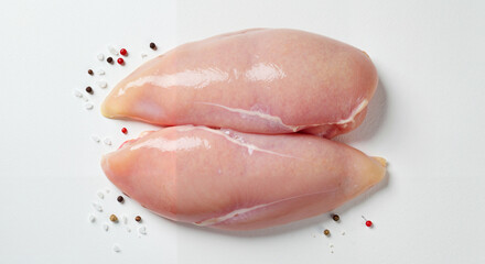 Fototapeta premium Raw chicken breast fillets with spices on white background 