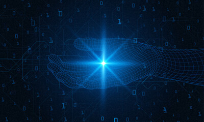 AI innovation concept. Abstract digital background. Digital human hand finger on processor circuit board. Artificial Intelligence concept. 3D low poly wireframe Robot arm and hand human Touch