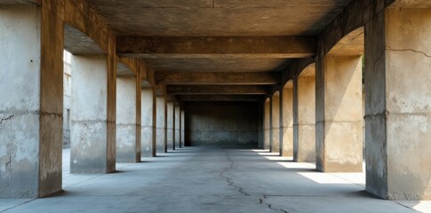 Weathered concrete structure with exposed aggregate and cracked facades, presenting a worn, industrial aesthetic, rugged, stone