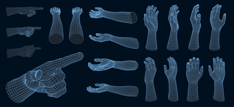 Polygonal Mesh or Wireframe Hands and Gestures. AI innovation concept. Digital human hand finger. Artificial Intelligence concept. 3D low poly mesh grid style digital technology hand guestures