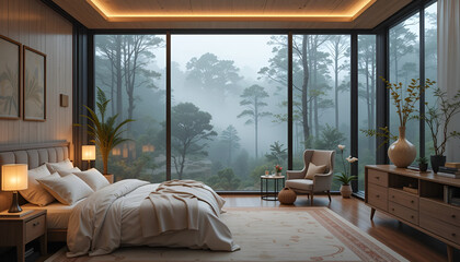 Design a stylish and modern bedroom interior that embodies tranquility and comfort. Use a palette of neutral tones, such as soft grays, warm beiges, and crisp whites, to create a serene atmosphere.