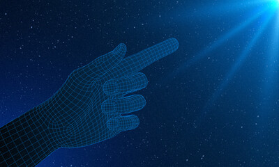 AI innovation concept. Abstract digital background. Digital human hand finger on processor circuit board. Artificial Intelligence concept. 3D low poly wireframe Robot arm and hand human Touch