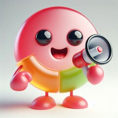 Cute character 3D image of jelly gummy candy circle shape holding loudspeaker, big eyes, funny laughing on a white background