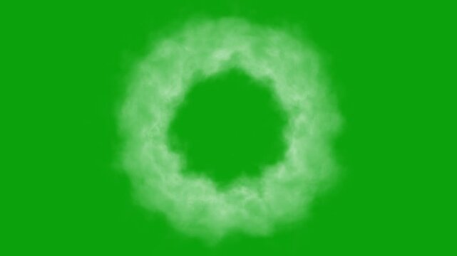 Smoke or fog moving on the circle, approaching fog on a green chrome key background, fog creeping along the ring and approaching the viewer, seamless loop of smoke. White smoke round motion