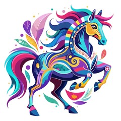 A colorful horse with a rainbow mane and tail is running