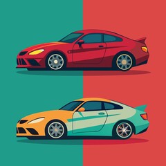 Fototapeta premium Two cars are shown side by side, one is red and the other is orange