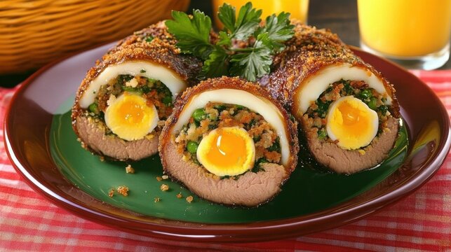 Slices of easter ham stuffed with eggs and vegetables on a plate