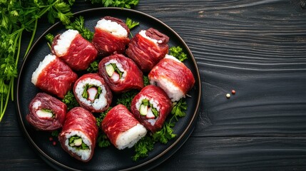 A beautifully arranged plate of sushi rolls wrapped in beef, garnished with fresh herbs, showcasing a fusion of flavors and textures.