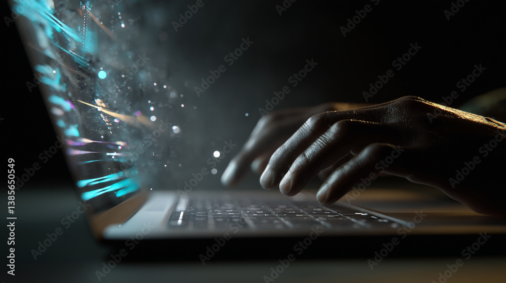 Poster hands typing on a laptop with a digital display showing abstract light patterns in a dark setting