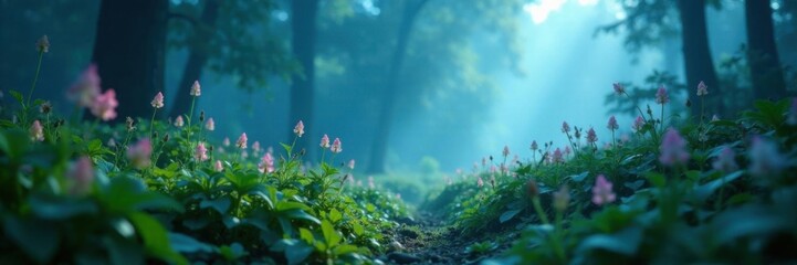 Naklejka premium ethereal plants illuminate the foggy undergrowth with soft blue light, alien landscape, dreamlike, glowing plants