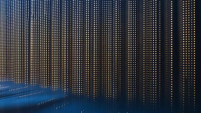Abstract vertical lines of glowing digital light patterns creating futuristic wave formations across a dark background in cool blue and gold tones

