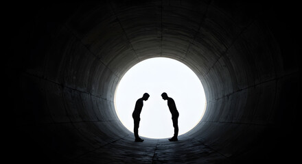 Two Silhouette Figures Facing Each Other Inside a Dark Concrete Tunnel with a Bright Light at The End