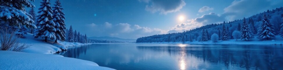 Fototapeta premium Frozen lake with snow-covered trees and a moonlit sky, frosty, lake, trees
