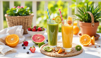 Fototapeta premium Colorful fruit smoothies on outdoor table