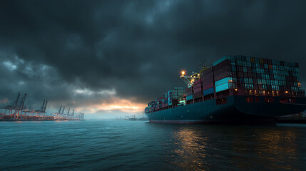 A container ship sailing on the water with cranes in the background under a cloudy sky at dusk