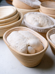 Sourdough Bread in Proofing basket, bannetons baskets for retarding raw dough before baking.