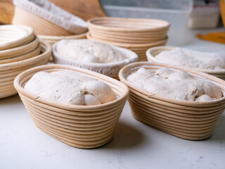 Sourdough Bread in Proofing basket, bannetons baskets for retarding raw dough before baking.