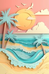 Colorful paper landscape of a beach sunset.paper cut 3d