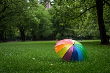 A rainbow umbrella providing shelter in a lush green park, with rain falling and trees blurred in the background.
