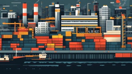Cargo ship at a bustling port, showcasing a city skyline and industrial landscape.