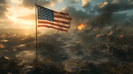American Flag Stands Tall Over Post Apocalyptic Cityscape at Sunset