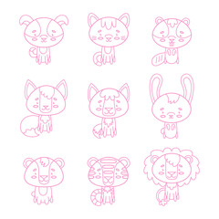 Set of vector animals. Cute smiley dog, cat, wolf, hare, fox, beaver, tiger, lion, bear. Cute animal faces. Hand drawn icon characters. Vector illustration.