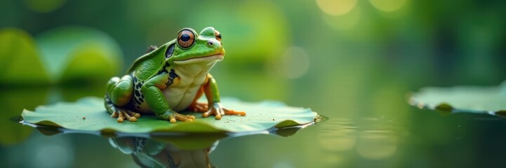Fototapeta premium Frog sitting on a lily pad surrounded by calm lake water, water, serenity