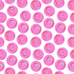 Seamless pattern of pink and blue circle shapes on a white background. The circles have a swirled design with shades of red and green.