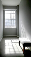 Fototapeta premium Bright morning light streaming through a window in a minimalist room with a simple bench
