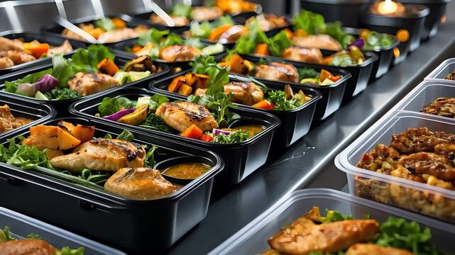 Healthy meal prep containers with grilled chicken, vegetables, and sauce arranged in rows on a stainless steel surface in a kitchen setting

